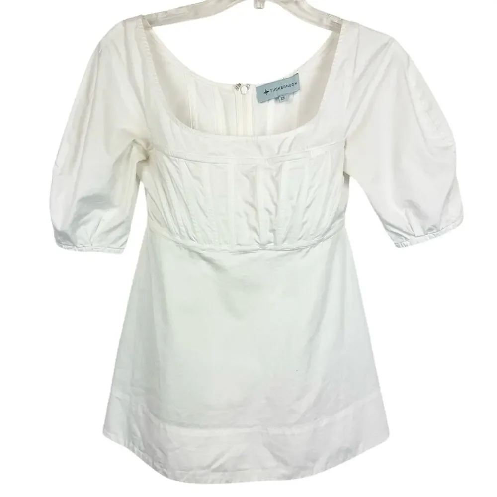 Tuckernuck White Nealy Scoop Neck Puff Sleeve Corset Peplum‎ Blouse Sz XS Preppy